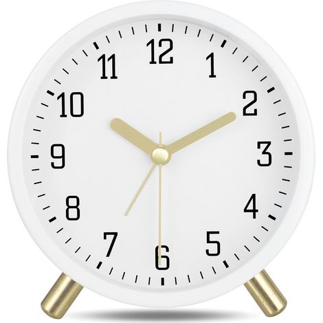 Sveglia analogica silenziosa in metallo con luce notturna, design classico moderno bianco, semplice orologio da tavolo per camera da letto o comodino, 11 cm (1/5)