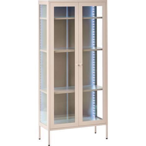 Armoire Haut Industriel Moderne en Acier 2 Portes Façade et Côtés en Verre Beige Harty