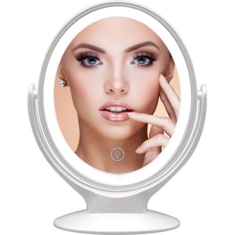 Miroir Grossissant Double Face 1x / 7X, Rotation à 360°, écran Tactile Dimmable sur 3 Niveaux, Rechargeable par USB, Miroir de Voyage Lumineux,Blanc (1/4)