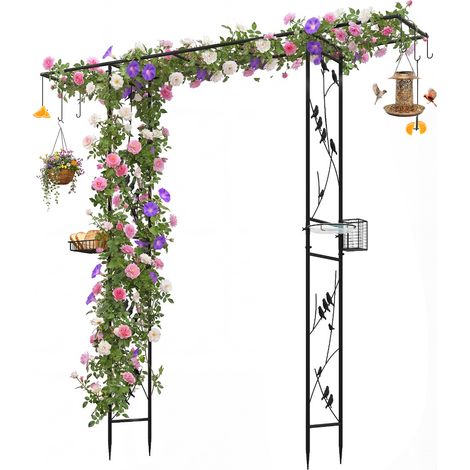 Arche de Jardin Métallique Noire Multi-Fonctions, Poste d’Alimentation pour Oiseaux avec Bol d’Eau et Plateaux Grillagés, Treillis Latéral pour Plantes Grimpantes, Structure Galvanisée à Enfoncer (1/5)