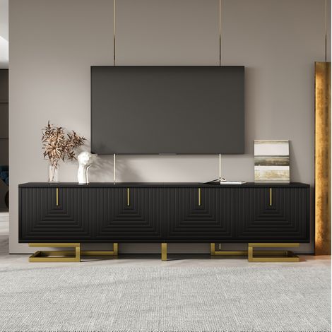 Meuble TV 160 cm noir avec portes structurées, rangements, pieds et poignées dorés DESVIAE (1/5)