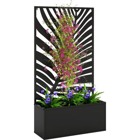 Pflanzkasten mit Rankgitter, Sichtschutz aus Metall, für Garten, Terrasse, Balkon, 61 x 23 x 113 cm, schwarz