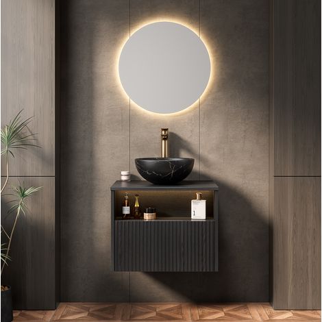 Mobile lavabo sospeso 60x46x60,8 cm con lavabo in ceramica nero, LED a sensore – MEUBLIV (1/5)