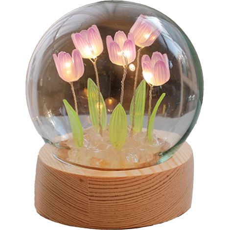 Lampe Fleur LED Lampe Tulip Déco Maison Lumière Douce Ambiante pour Bureau Chambre Murale Violette en Bois et Verre