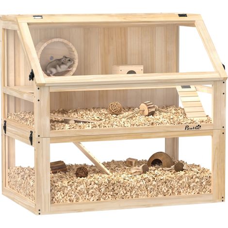 PawHut jaula para hámster de madera de 3 nivles con base desmontable profundo, balancín, rueda de ejercicio, rampas, casita, jerbos, enanos, natural (1/5)