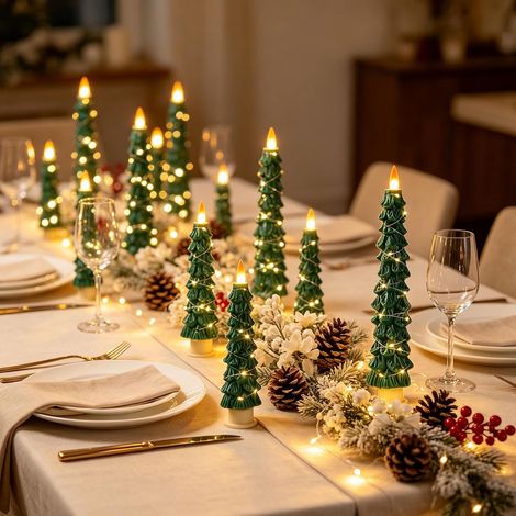 2 bougies LED sapin vert, guirlande cuivre, flamme réaliste, télécommande, Noël. (1/4)
