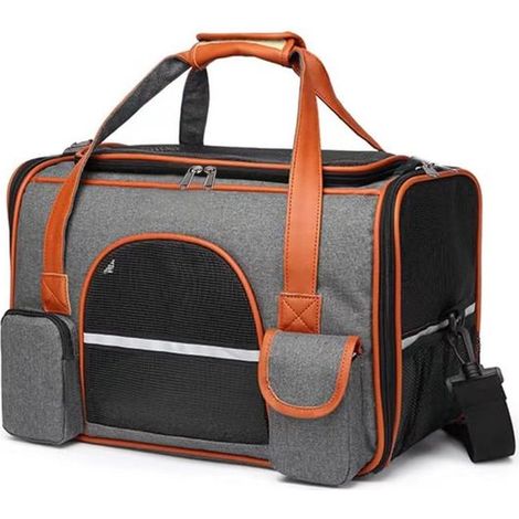 Katzentragetasche 45 x 28 x 25 cm tragbarer Reiserucksack für Hunde Katzentasche mit Flanellmatratze atmungsaktives Netzgewebe geeignet bis 7 kg Grau (1/5)
