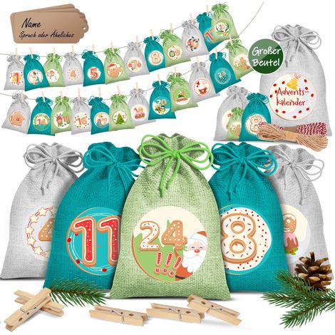 KESSER® Calendario dell'Avvento da riempire con 24 sacchetti di iuta Sacchetti in tessuto stampato Calendario di Natale per bambini da riempire da soli Incl. 24x cartellini 14x10cm / Verde / Colorato