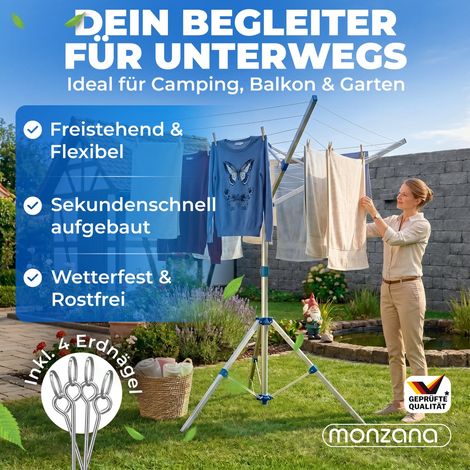 MONZANA® Wäschespinne Höhenverstellbar Mobil mit 4 Erdspieße Camping Wäscheständer Wäscheleine Wetterfest Leicht Aluminium