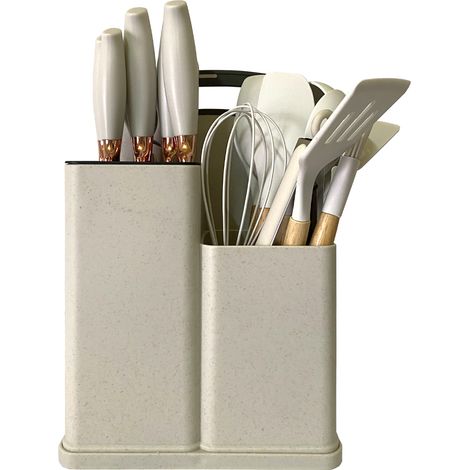Ensemble d'ustensiles de cuisine en silicone et bois (beige) de 19 pièces : couteaux, planche à découper, boîte de rangement et éplucheur. (1/5)