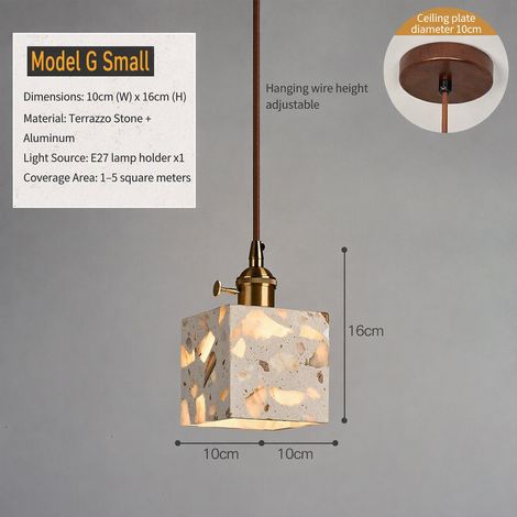 Suspension 1 tête en pierre de terrazzo transparente + aluminium style wabi sabi, lumière chaude, côté10cm (1/5)
