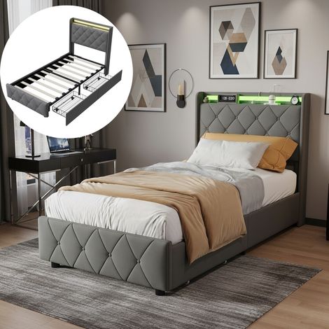 Letto singolo 90x200 cm con 2 cassetti, LED e porta USB, letto imbottito in velluto con rete a doghe e decorazione borchiata – Grigio