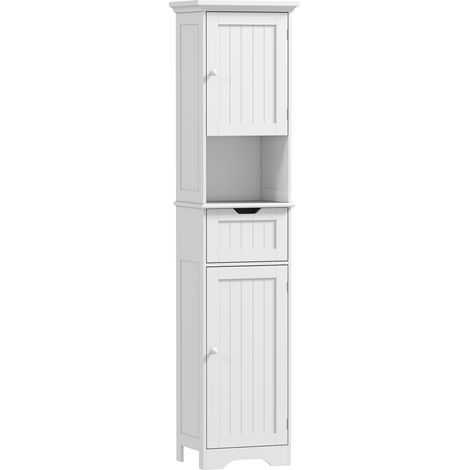 Mobile Colonna Bagno 40x30x170 cm con 2 Armadietti con Sensore Ripiano Aperto e Cassetto in Legno Bianco (1/5)