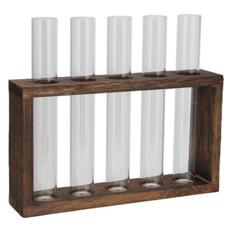 Vaso da tavolo in tubo di vetro, struttura in legno di pino borosilicato di alta qualità, supporto per piante idroponiche in stile retrò, decorazione per la casa, 5 bottiglie (1/5)