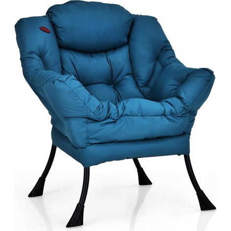Fauteuil Relax de Salon Assise Rembourrée Confortable Structure Acier avec Poche Latérale pour Salon et Chambre Bleu Marine (1/5)