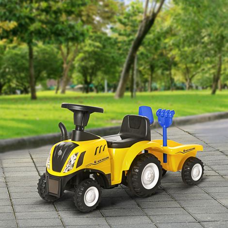 Tracteur pour enfants de 12 à 36 mois avec remorque détachable, voiture à pédales avec klaxon, phares, pelle, siège au sol de 25 cm et râteau, capacité de charge de 25 kg, 91 x 29 x 44 cm, jaune (1/5)