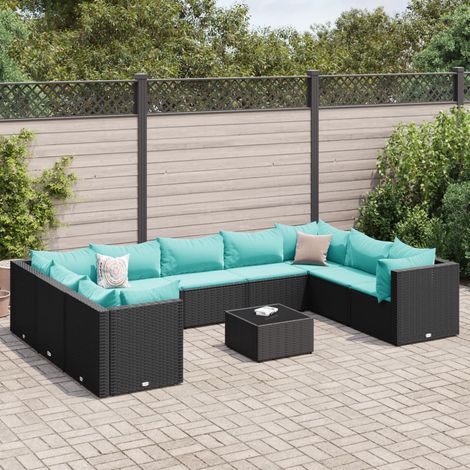 vidaXL Salon de jardin 10 pcs avec coussins noir résine tressée