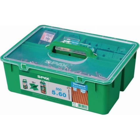 Spax – Kit vis spécial terrasse 5x60mm inox A2 – 850 vis + 1 foret étagé 4.1/6.5mm + 12 espaceurs + 5 embouts T-STAR plus T25 (1/6)
