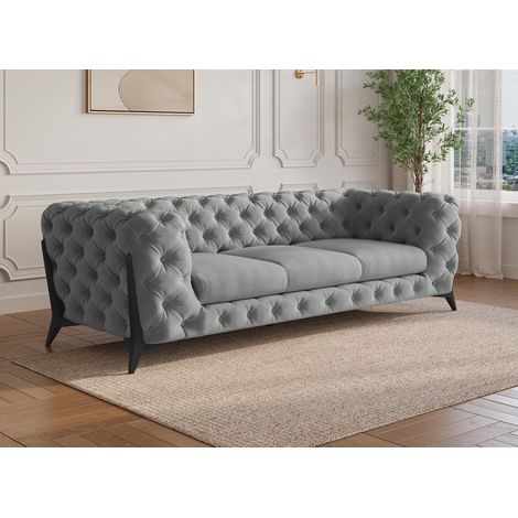 Deco In Paris – Canapé droit 3 places capitonné en velours gris – Pieds en métal noir – Largeur 227 cm – Hauteur d'assise 48 cm (1/5)