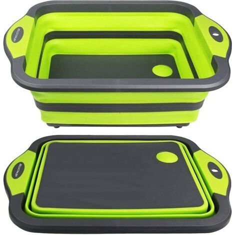Planche à découper Pliable – Planche à découper Multifonction, égouttoir de lavabo et Bol à Laver, Bouchon d'égouttement, Ciseaux de Cuisine Portable pour Camping, Pique Nique, Barbecue (Vert) (1/5)