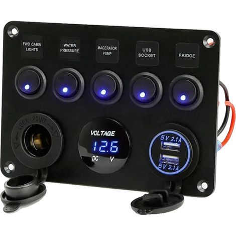 Panel de interruptores, cargador USB doble, protección contra sobrecarga, azul con interruptor (1/2)