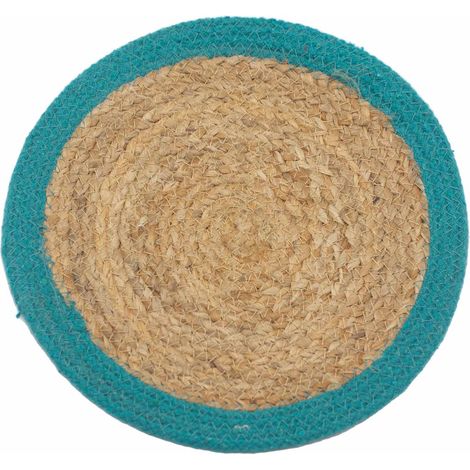 Set de Table Naturel - Jute & Coton 30cm - Bordure Sarcelle- Vendu par 1 (1/4)