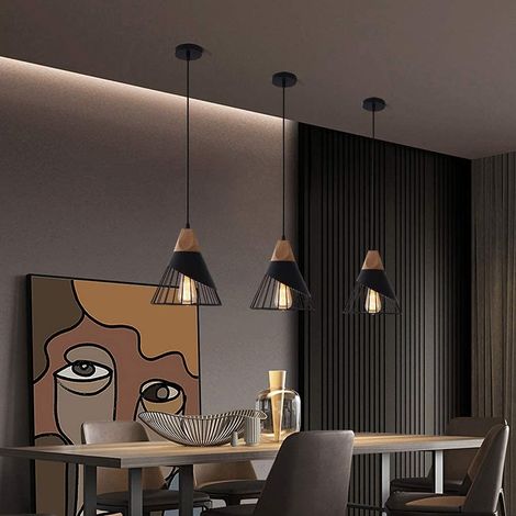 Lot de 3 suspensions vintage, design industriel en bois et métal, appliques murales noires pour salle à manger ou cuisine. (1/4)