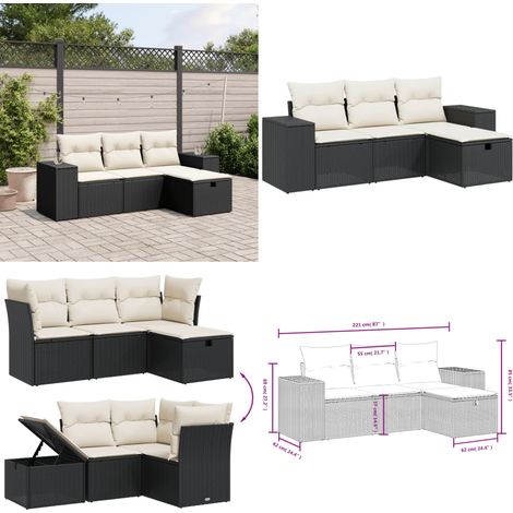 Salon de jardin 4 pcs avec coussins noir résine tressée - Salon De Jardin - Mobilier Extérieur - Salon D'extérieur - Set De Salon - Chaise Longue - Home & Living