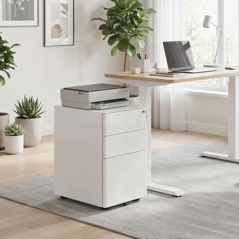 Cajonera de oficina de acero de 3 cajones con cerradura y ruedas, 39x48x59cm, blanca (1/5)