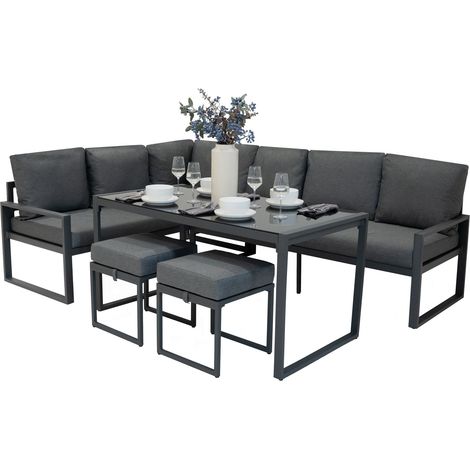 Set Mobili da Giardino in Alluminio 7 Posti Divano Angolare da Esterno con Tavolo da Pranzo in Vetro Temperato e 2 Sgabelli, Cuscini Lavabili, Copertura Impermeabile Inclusa - Grigio Antracite (1/5)