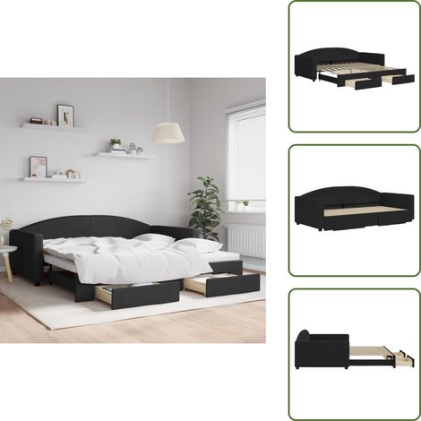 The Living Store Tagesbett Ausziehbar mit Schubladen Schwarz 100x200 cm Stoff - Schlafsofa