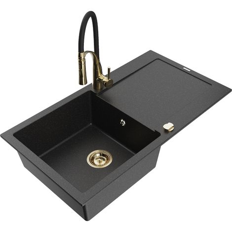 Mexen Leo évier en granit 1-bassin avec égouttoir et robinet de cuisine Aster, noir/argent métallisé - 6501-73-73450-57-G (1/5)