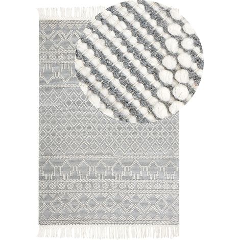 Tappeto in lana beige grigio a mano con motivo geometrico e nappe 160 x 230 cm Solhan
