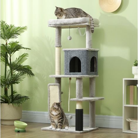 Árbol rascador para gatos de 132 cm con cama, casa, plataformas y cepillo, gris claro OKWISH (1/5)