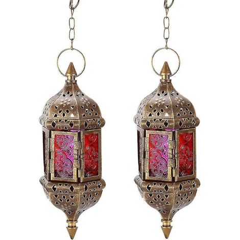 Lot de 2 lanternes suspendues rétro marocaines, bougeoirs en métal creux et verre (1/4)