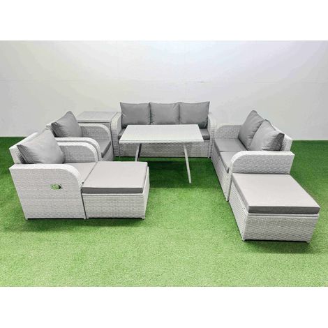 Fimous PE Rattan Garden Furniture Set Outdoor Rectangular Dining Table Sofa Set with Reclining Chair 2 Big Stool Side Table Light Grey (1/4)