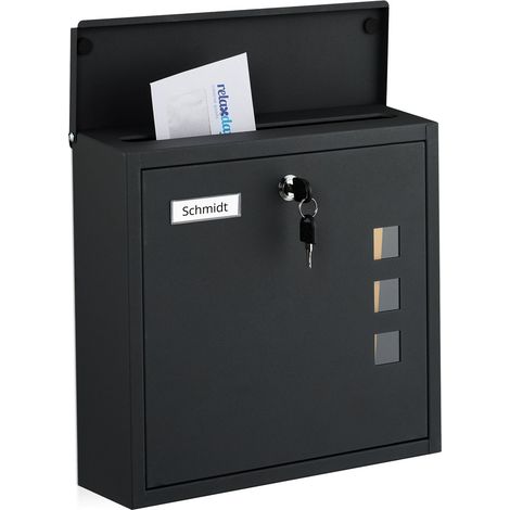 Relaxdays wall-mounted letterbox with windows, HxWxD: 33 x 35 x 12 cm, iron, 4 keys, C4 format, black
