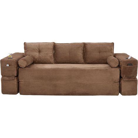 Sofá Cama 3 Plazas en Tela de Corduroy, Cojines con Espuma Viscoelástica, Bolsillos Laterales y Portavasos, Marrón (1/5)