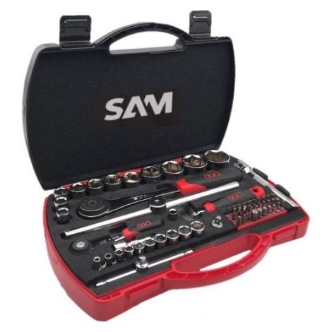 Sam Outillage – Coffret cliquet et douilles 1/4' 1/2' – 10 douilles 1/4' et 11 douilles 1/2' – Poignée coulissante et rallonges – Pour maintenance industrielle (1/2)
