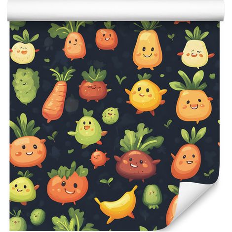 Papier peint Kawaii Légumes - Grenade, Citron vert et Vert bouteille 50x1000 cm (1/4)