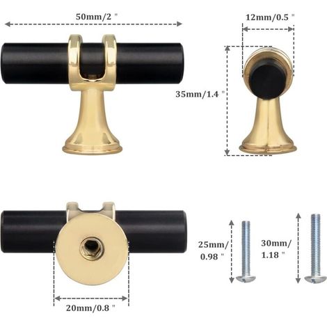 Lot de 10 Boutons de Tiroir Monotrou en T,Moderne Poignée T Armoire Porte Alliage de Zinc Unique Trou Boutons pour Cuisine Meuble Armoire Placard Chambre Vis Inclus,Noir Avec Base Dorée (1/3)