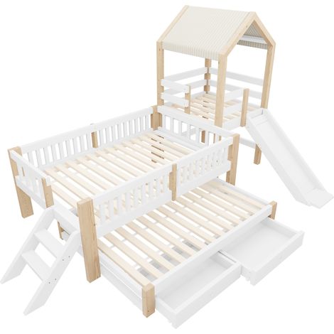 Lit cabane enfant 90 x 200 avec lit gigogne, toboggan, escalier et tiroirs, blanc naturel