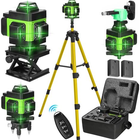 Niveau Laser 360 Autonivelant, Lazer Niveaux Vert 4 x 360°, Niveau laser 4D 16 lignes Auto-nivelant, Laser Chantier, IP54 Waterproof, avec 2  2600 mAh Batteries et Télécommande (avec Trépied)