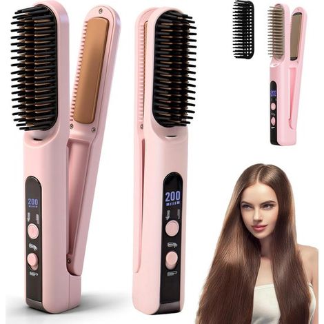 Piastra per capelli - Pettine ionico 2 in 1 - Pettine per lo styling - Quattro impostazioni di temperatura - Ceramica - Pettine riscaldato - Adatto a capelli corti - Da donna - Portatile - Rosa
