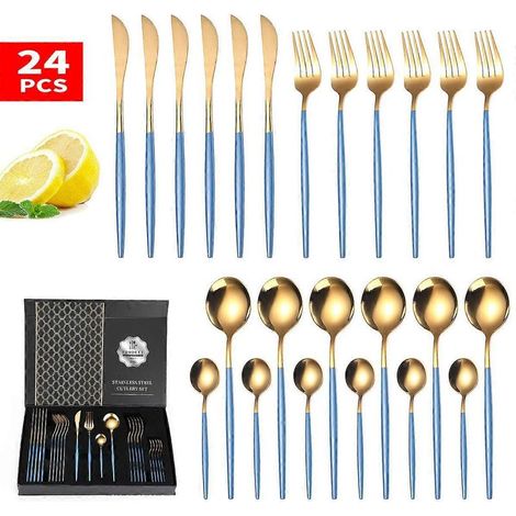 Ensemble de couverts 24 pièces, en acier inoxydable avec cuillère et fourchette, pour 6 personnes, finition polie miroir.