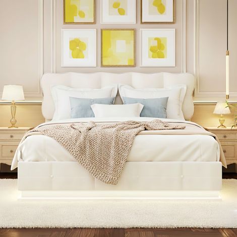 Letto matrimoniale 140x190 cm, con testiera a forma di nuvola, striscia luminosa a LED sotto il letto, velluto, rete a doghe, adatto per adulti e adolescenti, letto imbottito con sistema idraulico - B