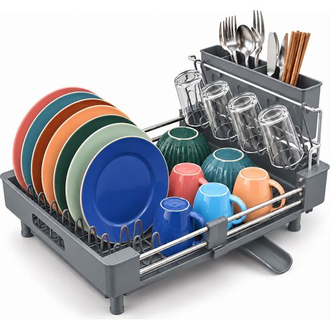 Relaxdays scolapiatti, portaposate, vaschetta, portabicchieri, plastica e acciaio inox, estensibile, grigio (1/5)