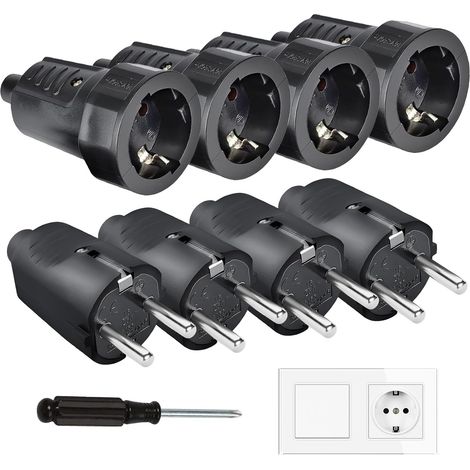 Lot de 8 Connecteurs Schuko, Kit Fiche Mâle + Prise Femelle 250V(16A), Ignifuge IP44, Prise D'alimentation, Jeu de Contacts de Protection, Fiche Europe Schuko pour Câble 8-10 mm (1/5)