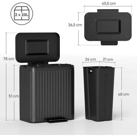 Poubelle de cuisine, 2 compartiments de 20 L, tri sélectif efficace, pédale, plastique et métal, noire (1/5)