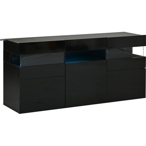 Buffet noir brillant 140x40,5x66,5 cm avec 3 portes, LED à commande mobile, rangement 7 étagères, structure en panneaux de particules et acrylique (1/5)